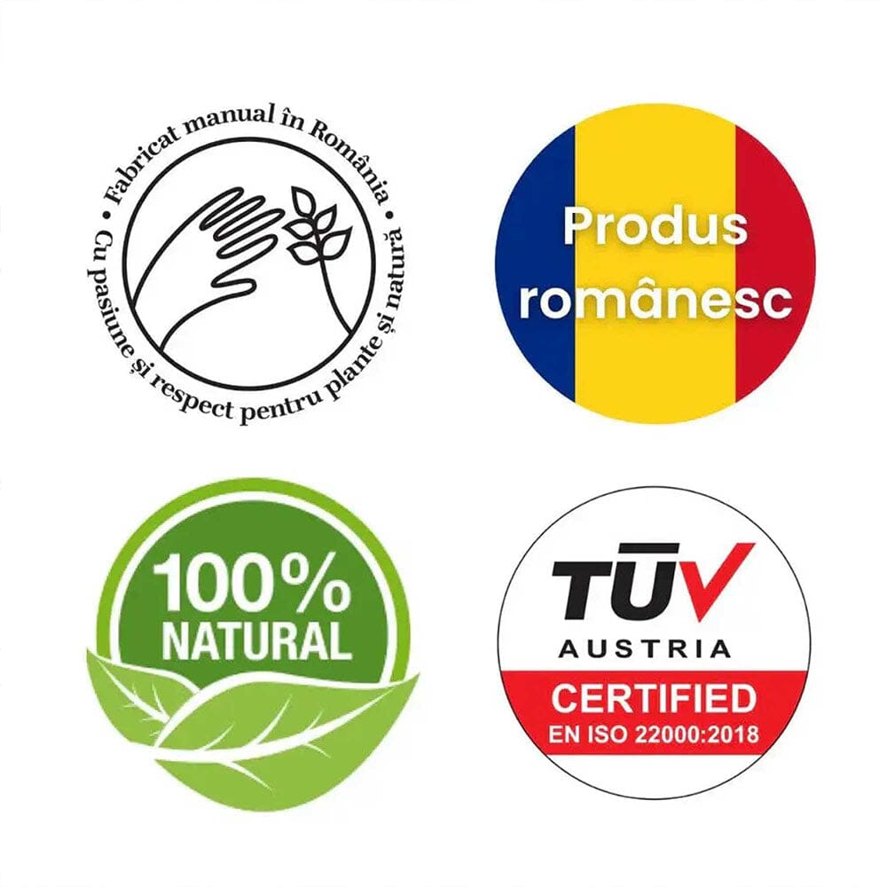 Imagine cu patru simboluri de calitate asociate produselor Faunus Plant: "Fabricat manual în România", "Produs românesc" cu drapelul României, "100% Natural" cu o frunză verde, și certificarea "TÜV Austria EN ISO 22000:2018", care subliniază angajamentul față de produse naturale, fabricate local, și respectarea standardelor internaționale de calitate.