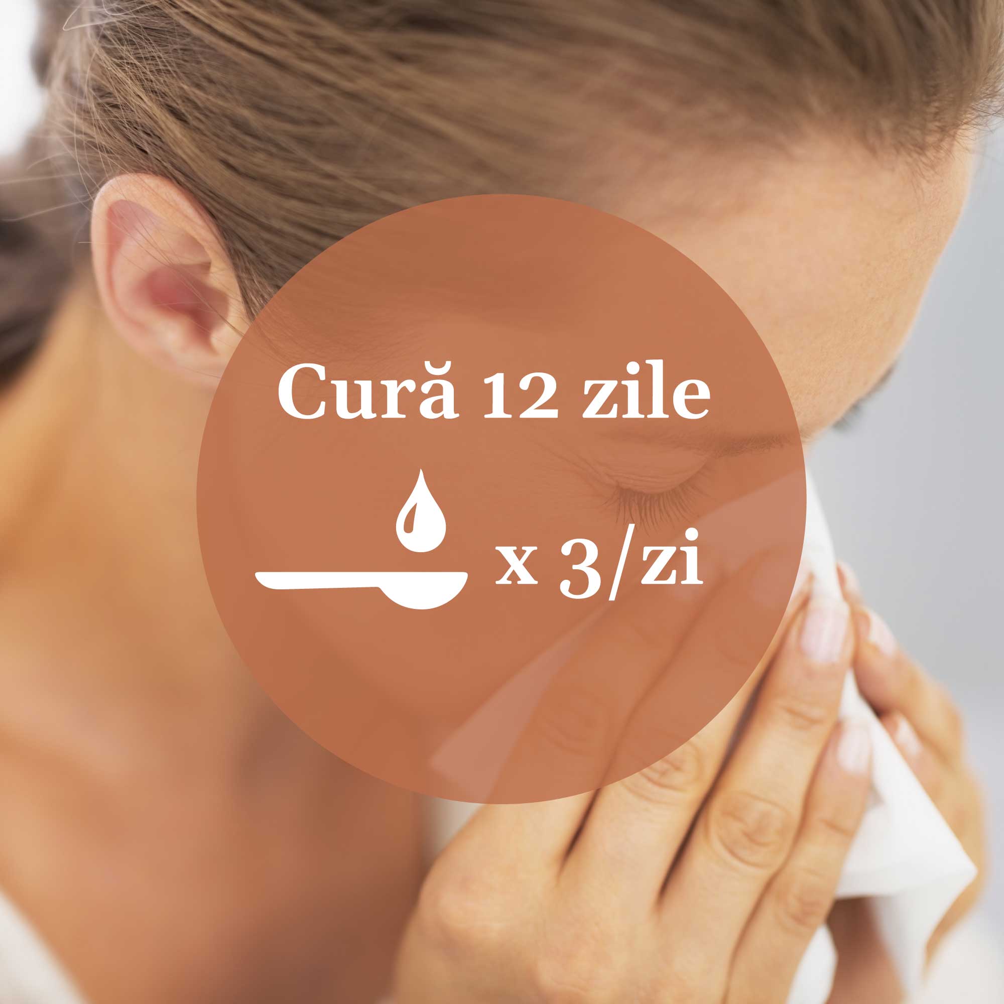Modul de administrare a Tincturii Respiratorus 200 ml: recomandare pentru cură de 12 zile, administrare de 3 ori pe zi. În imaginea de fundal, o femei care-și suflă nasul.