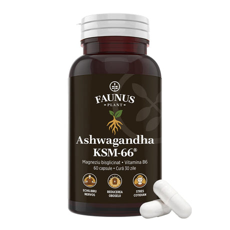 Ashwagandha KSM-66®. Formulă adaptogenă premium pentru echilibru nervos, stres cotidian și energie. Flacon 60 capsule Supliment alimentar Faunus Plant 