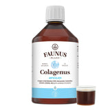 Sticlă Colagenus Articulații 500ml de la Faunus Plant din față pe fundal alb cu capac cu dozator alături, care conține 15ml colagen lichid.