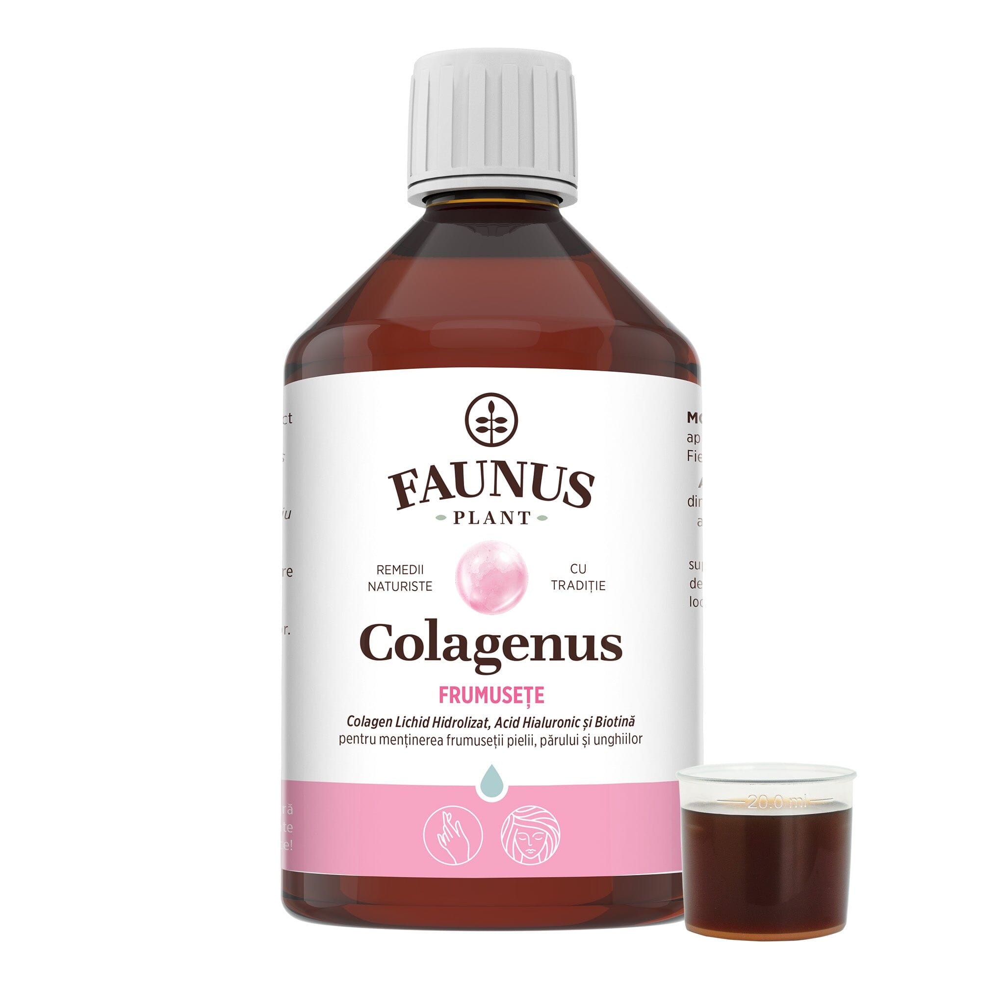 Sticlă Colagenus Frumusețe de la Faunus Plant din față pe fundal alb, având alături un capac cu dozator cu 15ml colagen lichid.