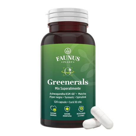 Greenerals Capsule – Antioxidanți și nutrienți din plante verzi pentru energie, vitalitate, liniște mentală și echilibru. Flacon 120 capsule Superalimente Faunus Plant 