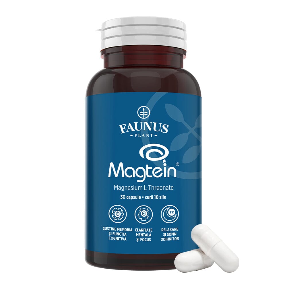 Flacon Magtein 30 Capsule de la Faunus Plant cu două capsule de culoare albă alături, în partea dreaptă | Cantitate - 30 capsule