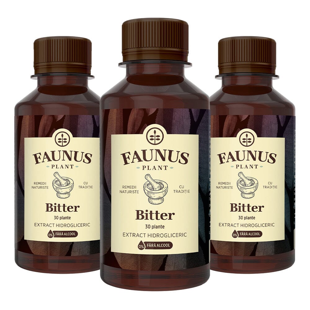 Pachet 3 sticle de Bitter fără alcool de la Faunus Plant, extract hidrogliceric din 30 de plante, prezentate frontal pe fundal alb.