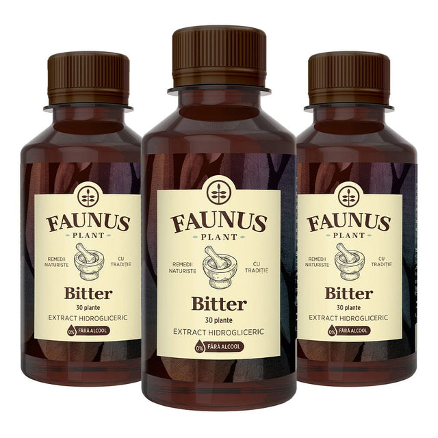 Pachet 3 sticle de Bitter fără alcool de la Faunus Plant, extract hidrogliceric din 30 de plante, prezentate frontal pe fundal alb.