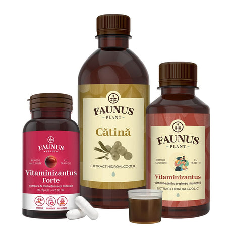 Pachet Vitaminizant Imunitate Adulti de la Faunus Plant, compus din cutie cu produse Faunus Plant pentru imunitate, incluzând tinctura Vitaminizantus și capsule Vitaminizantus Forte, alături de un recipient de tinctură Cătină. Ambalajele sunt maro și roșu, subliniind caracterul natural și tradițional al produselor.