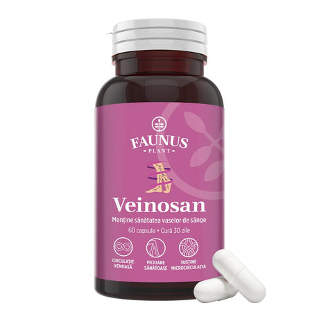 Veinosan – Capsule pentru susținerea circulației venoase și reducerea senzației de picioare grele. Flacon 60 capsule Supliment alimentar Faunus Plant 
