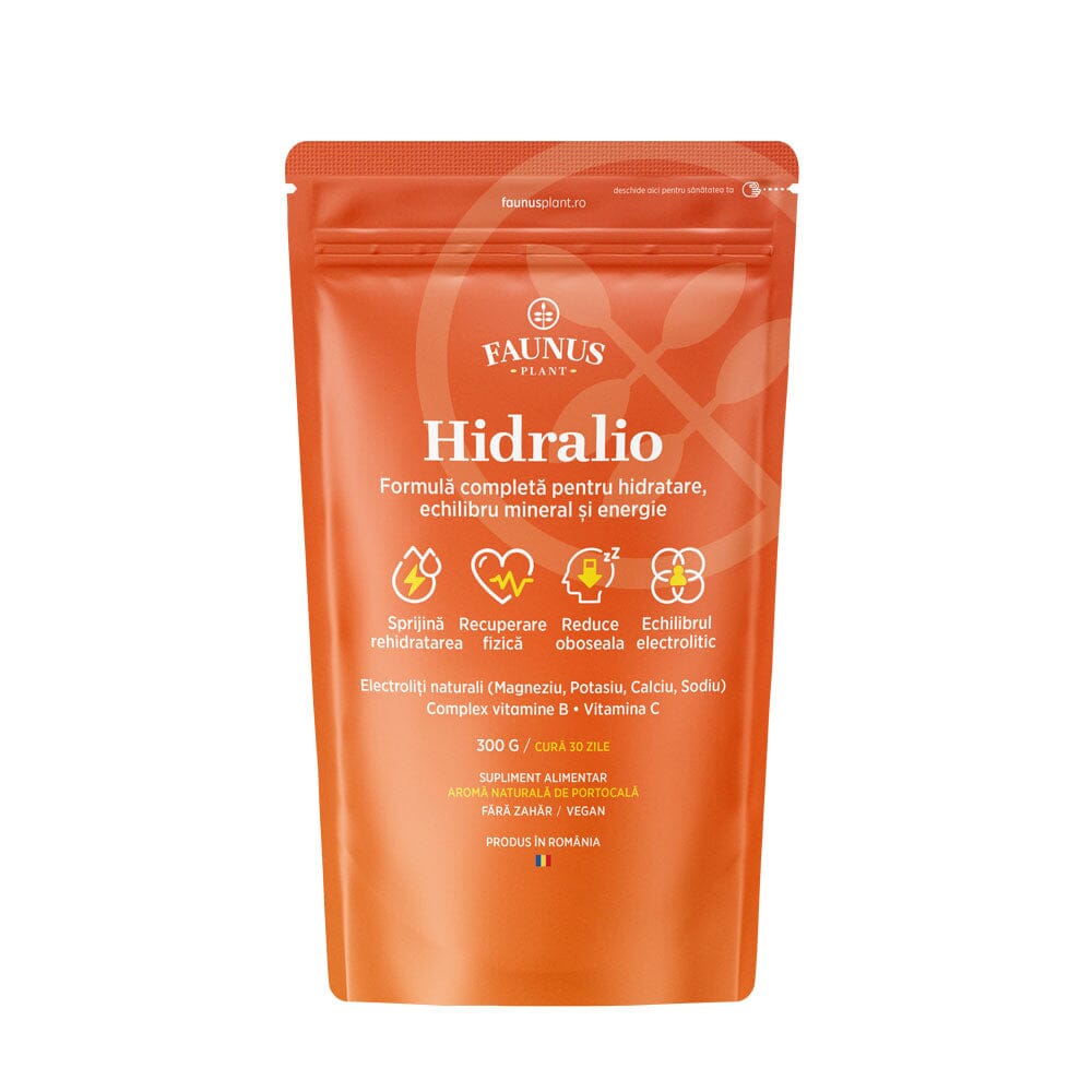 Hidralio de la Faunus Plant. Ambalaj față pe fundal alb.  Vizibil pe etichetă este logo Faunus Plant, denumire produs, beneficii și ingrediente principale, cură și faptul că este produs în România.