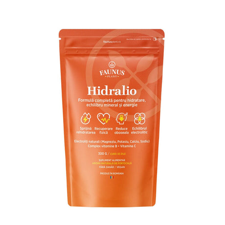 Hidralio de la Faunus Plant. Ambalaj față pe fundal alb.  Vizibil pe etichetă este logo Faunus Plant, denumire produs, beneficii și ingrediente principale, cură și faptul că este produs în România.
