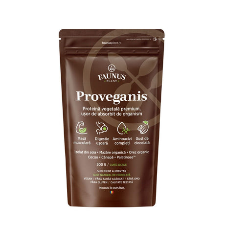 Proveganis - Proteină vegetală cu aromă de ciocolată. Amestec natural pentru energie și susținerea masei musculare. Pudră 500 g Supliment alimentar Faunus Plant 