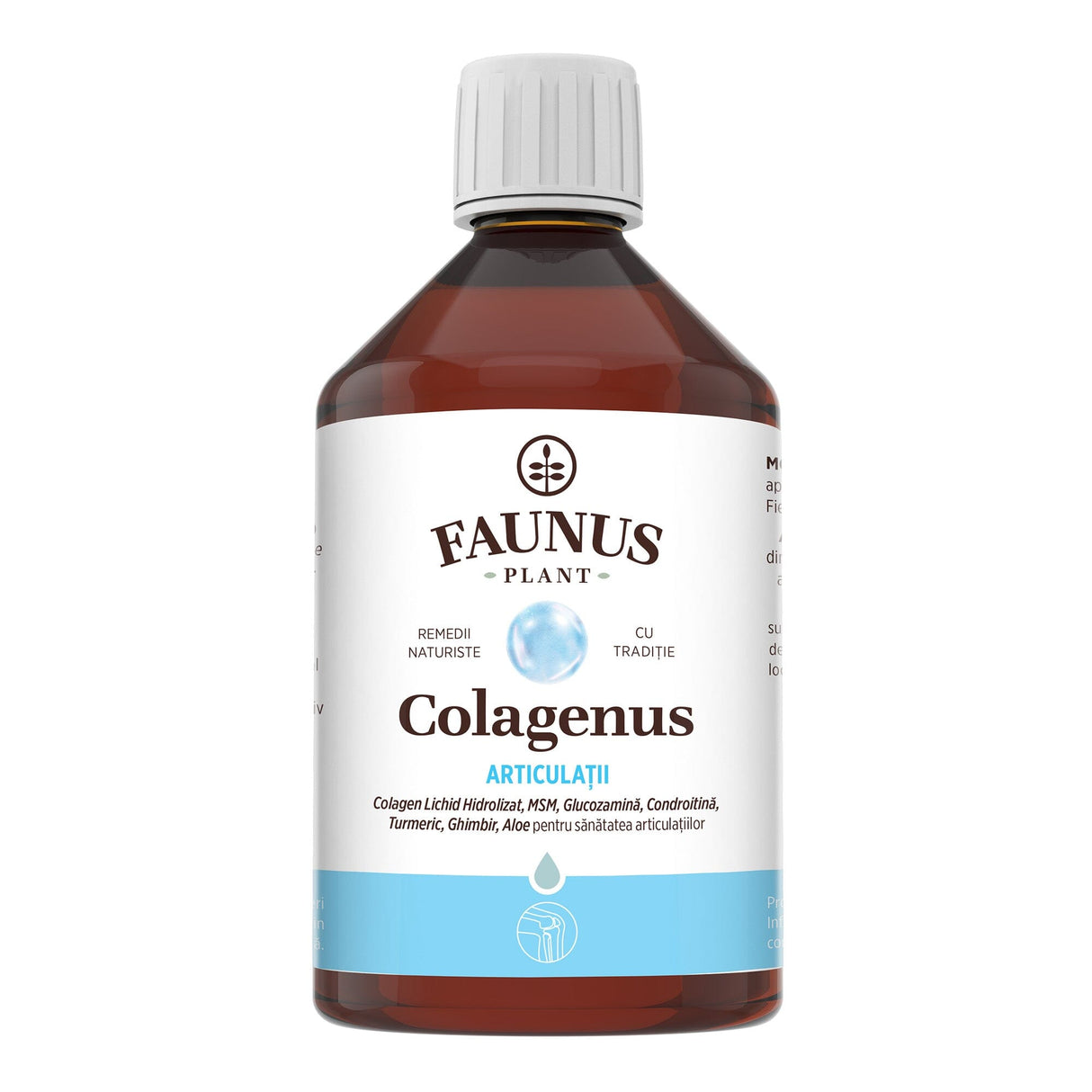 Sticlă Colagenus Articulații 500ml de la Faunus Plant din față pe fundal alb