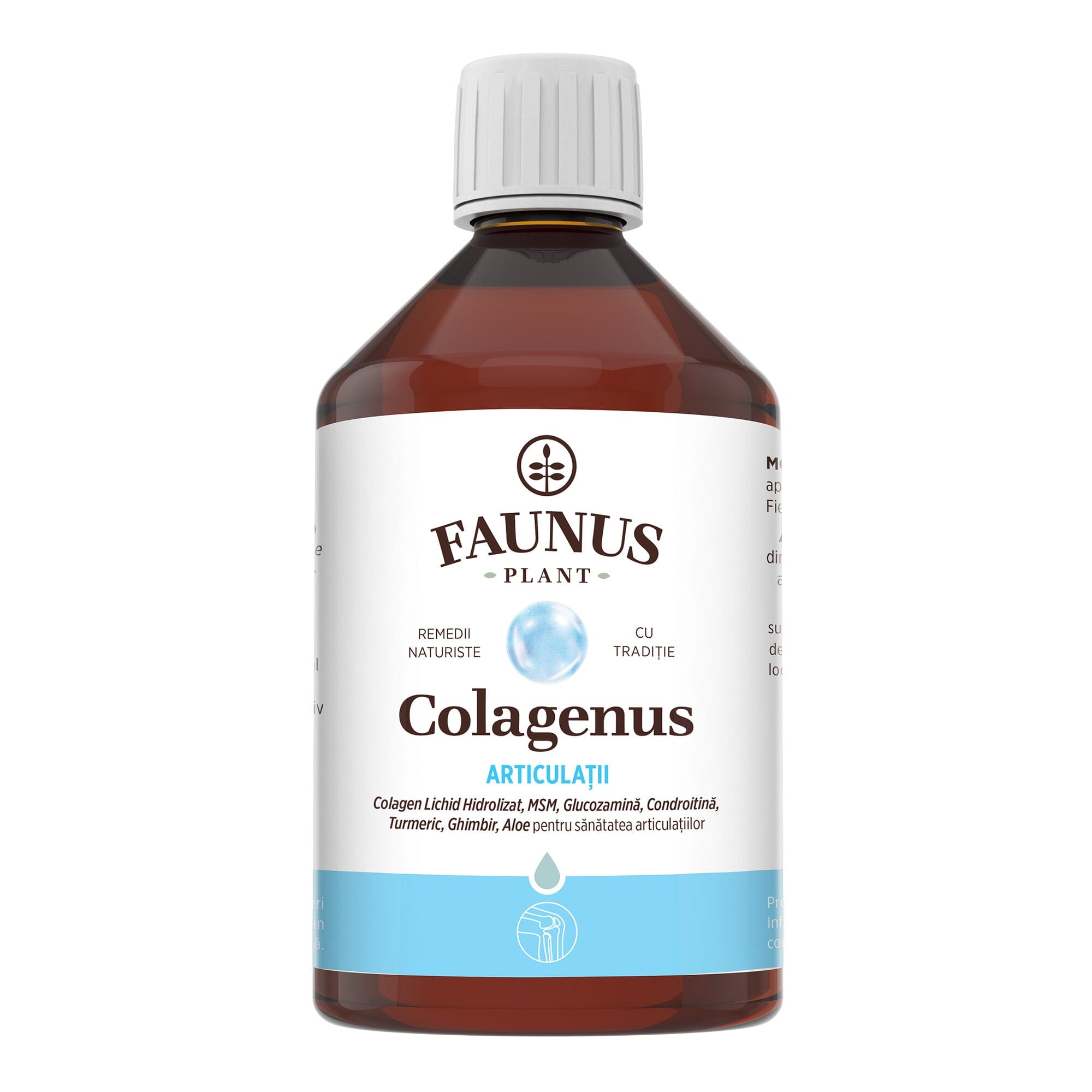 Sticlă Colagenus Articulații 500ml de la Faunus Plant din față pe fundal alb
