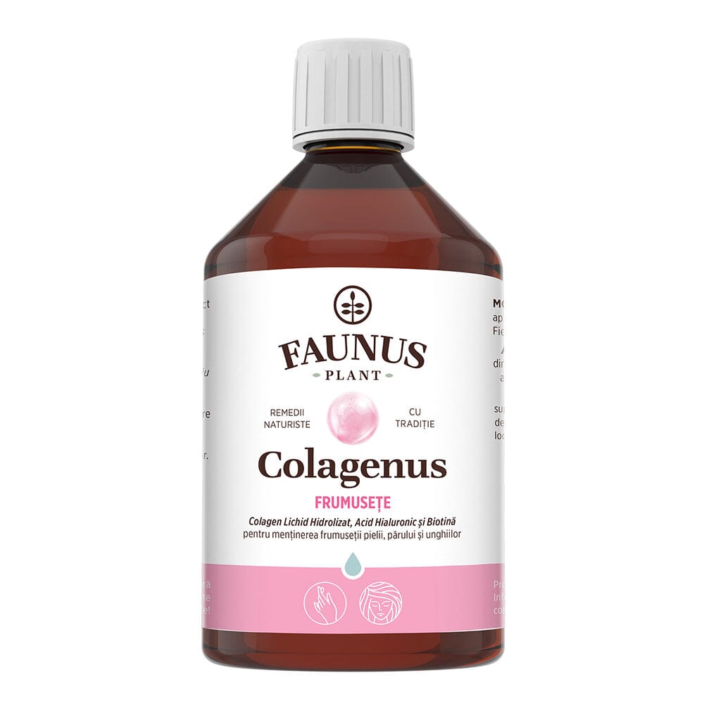 Flacon Colagenus Frumusețe 500ml de la Faunus Plant, supliment lichid pe bază de colagen hidrolizat, acid hialuronic și biotină, destinat susținerii frumuseții pielii, părului și unghiilor. Etichetă albă cu accente roz, cu simboluri pentru hidratare și sănătatea pielii.