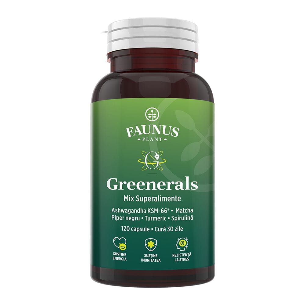 Greenerals Capsule – Antioxidanți și nutrienți din plante verzi pentru energie, vitalitate, liniște mentală și echilibru. Flacon 120 capsule Superalimente Faunus Plant 