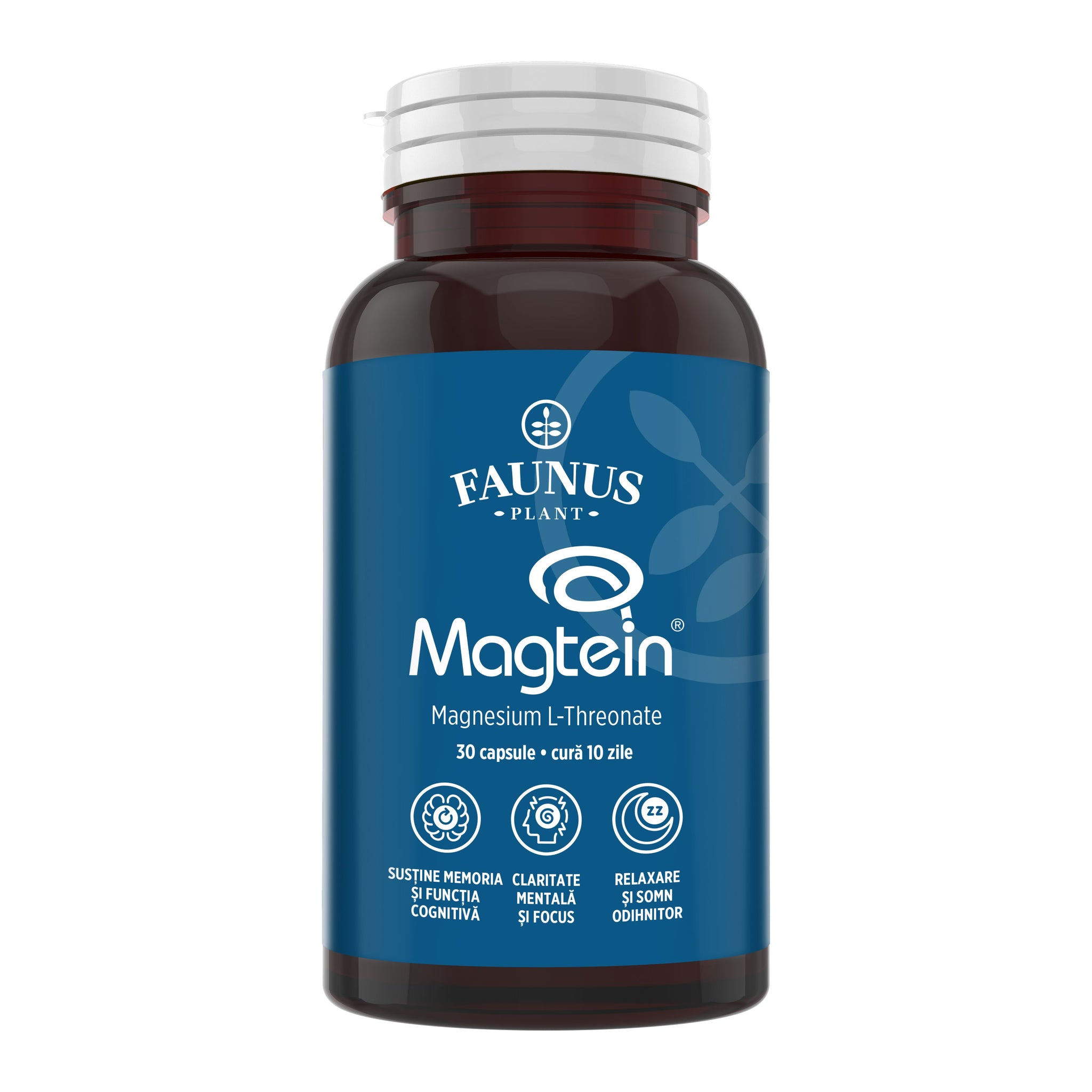 Flacon 30 capsule Magtein de la Faunus Plant, cu etichetă vizibilă, cu logo și informații despre formulă și beneficii principale. | Cantitate - 30 capsule
