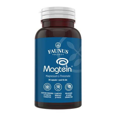 Flacon 30 capsule Magtein de la Faunus Plant, cu etichetă vizibilă, cu logo și informații despre formulă și beneficii principale. | Cantitate - 30 capsule