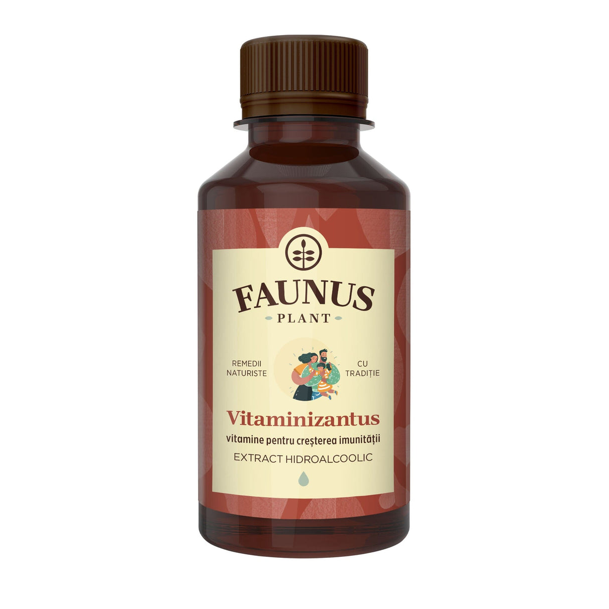 Flacon 200 ml cu tinctură Vitaminizantus de la Faunus Plant, destinat creșterii imunității, având un design tradițional și o etichetă roșie cu ilustrații stilizate.