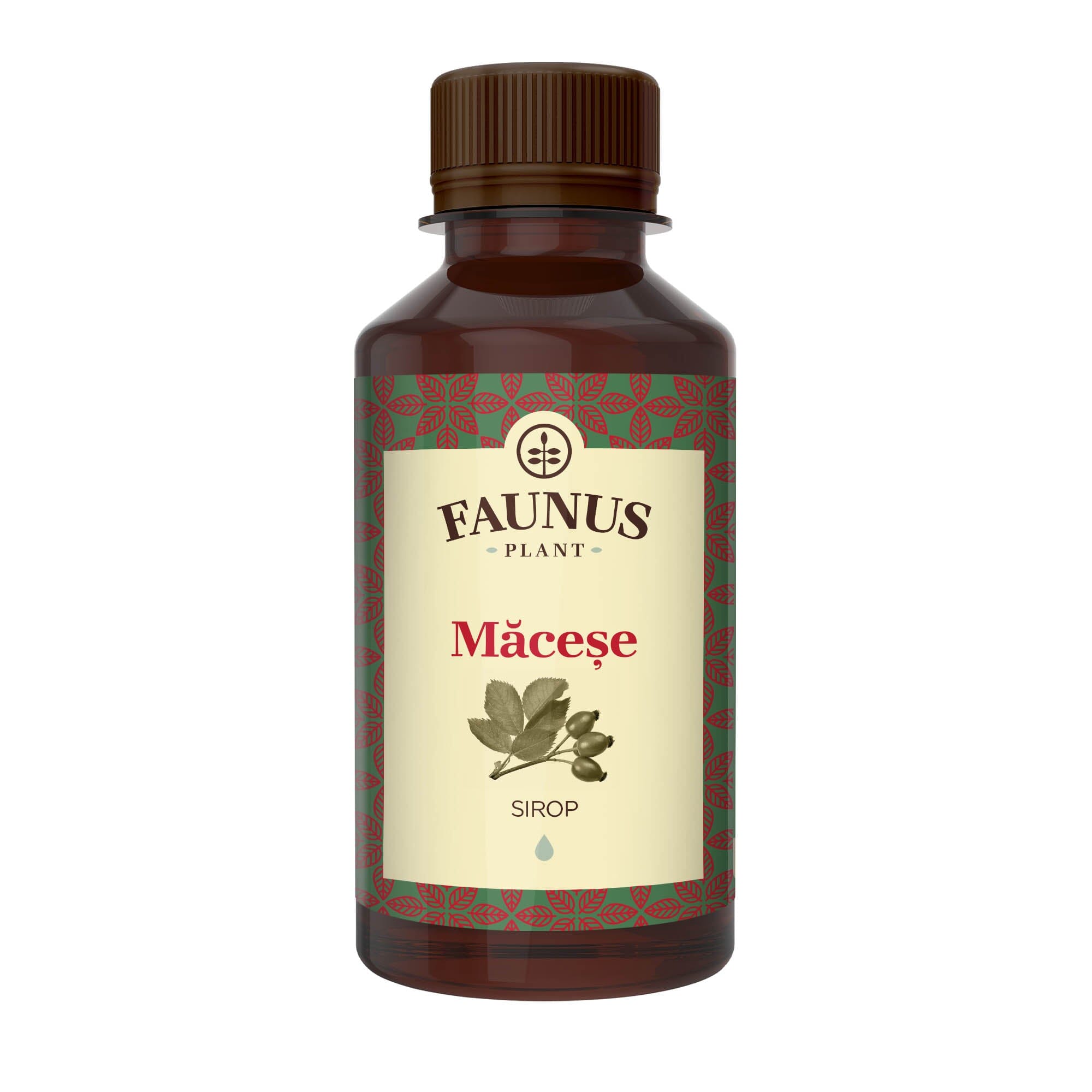 Sirop Măceșe de 200 ml de la Faunus Plant pozat din față pe fundal alb