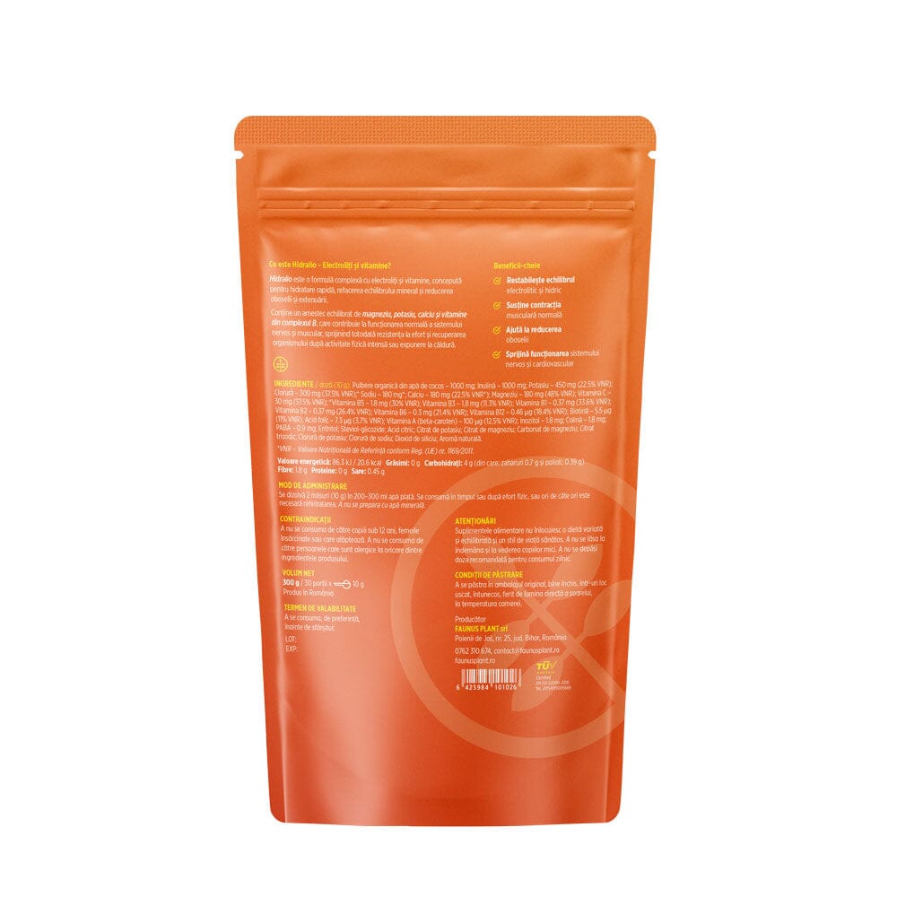 Ambalaj spate Hidralio de la Faunus Plant, pe fundal alb. Vizibile sunt informații despre supliment, beneficii-cheie, listă complet ingrediente, administrare, contraindicații, atenționări, condiții de păstrare, valabilitate, producător, cod de bare și logo certificat TUV Austria.