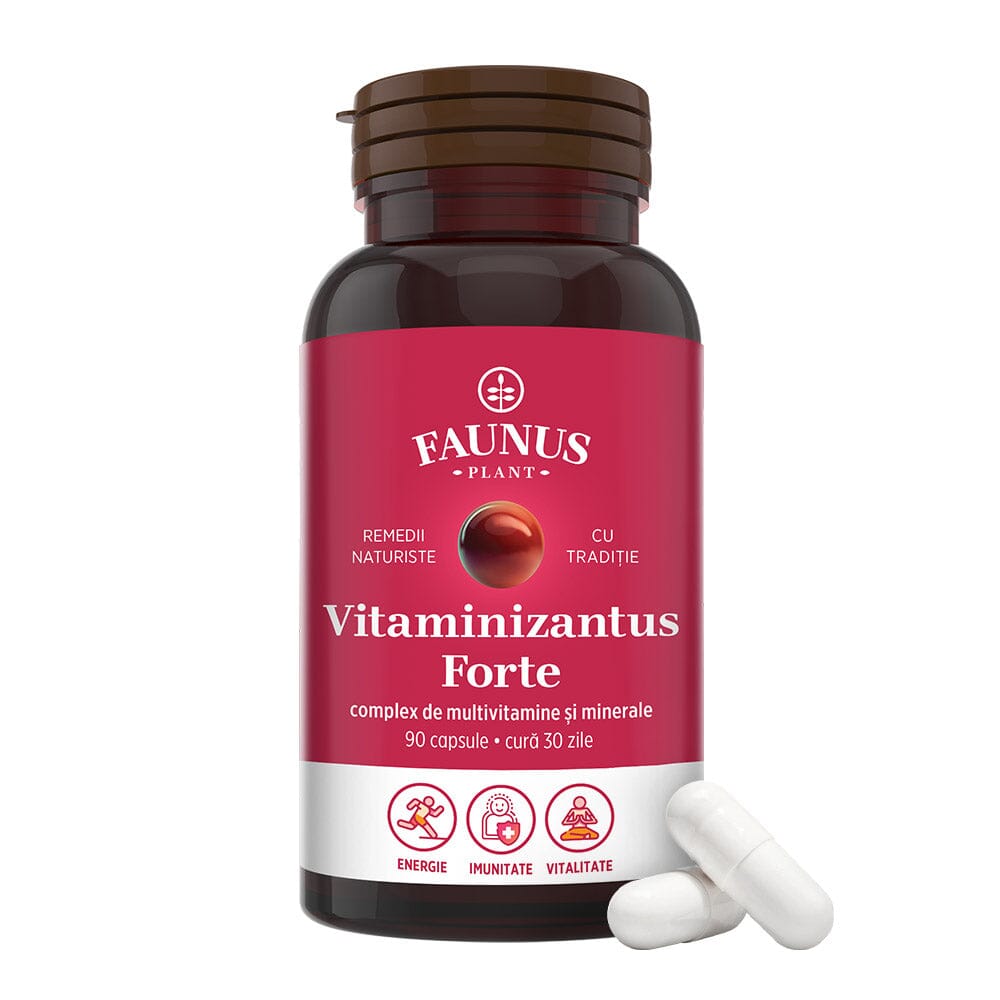 Recipient cu capsule Vitaminizantus Forte de la Faunus Plant, conținând 90 de capsule pentru o cură de 30 de zile, cu etichetă roșie și simboluri pentru energie, imunitate și vitalitate, având alături capsule ilustrate.