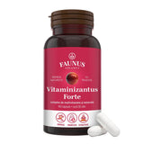 Recipient cu capsule Vitaminizantus Forte de la Faunus Plant, conținând 90 de capsule pentru o cură de 30 de zile, cu etichetă roșie și simboluri pentru energie, imunitate și vitalitate, având alături capsule ilustrate.