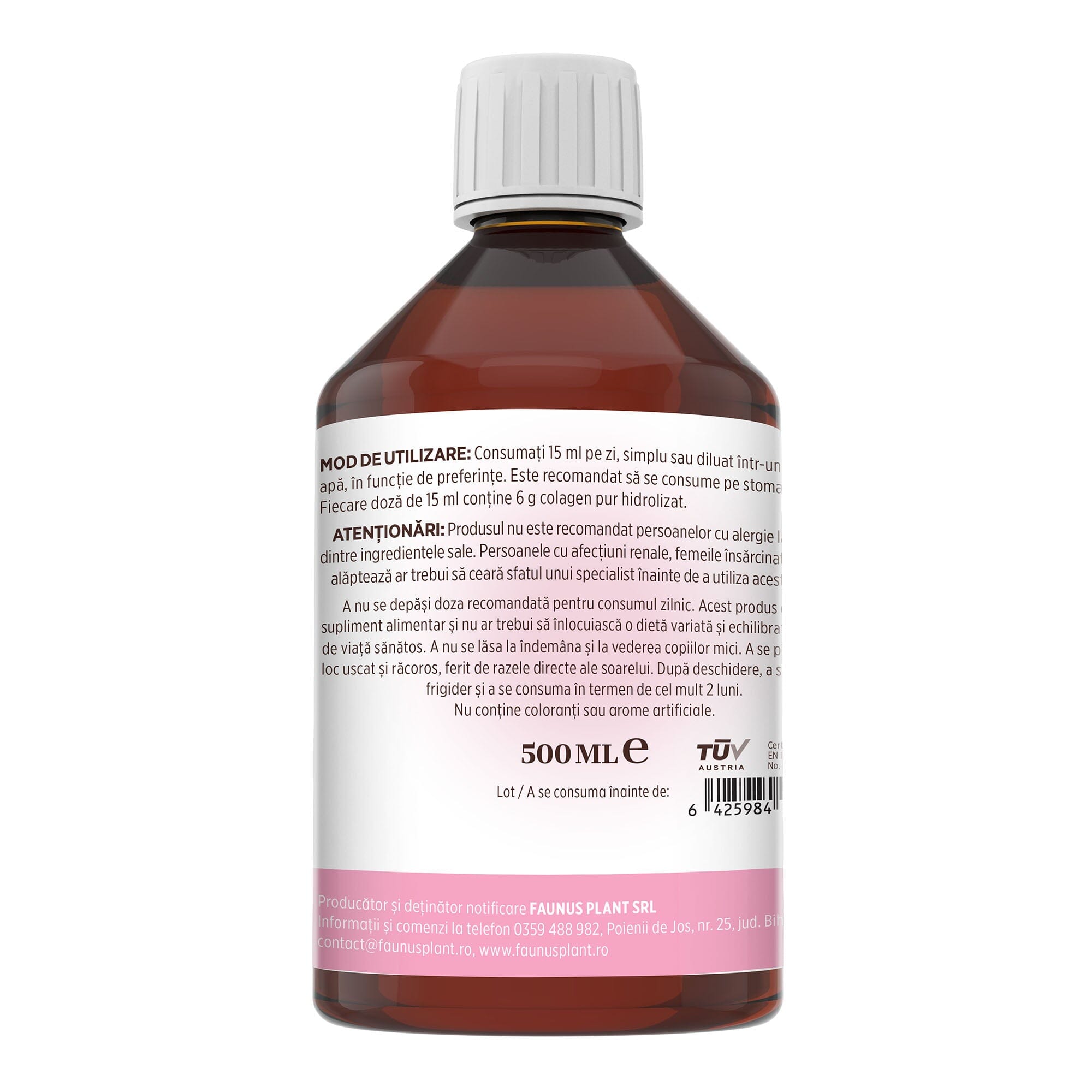 Colagenus Frumusețe de la Faunus Plant pe fundal alb, pozat din lateral dreapta. Etichetă vizibilă cu text referitor la mod de utilizare, atenționări. Sunt vizibile cantitatea de 500ml, cod de bare, logo certificare TUV Austria și date despre producător.