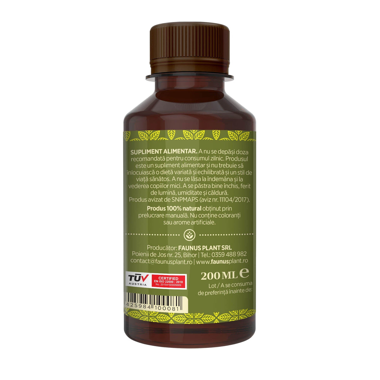 Imagine din lateral stânga cu Siropul de Soc 200 ml, cu detalii despre ingrediente, proprietăți, mod de utilizare, dar și contraindicații
