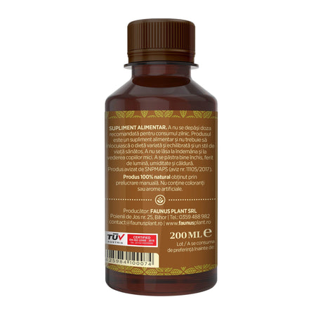 Flacon Sirop Ghimbir de 200 ml fotografiat din dreapta, cu eticheta maro care subliniază atât modul de administrare alături de precauții și atenționări, cât și cod de bare, logo TUV Austria și spațiul pentru data expirării. | Cantitate - 200ml