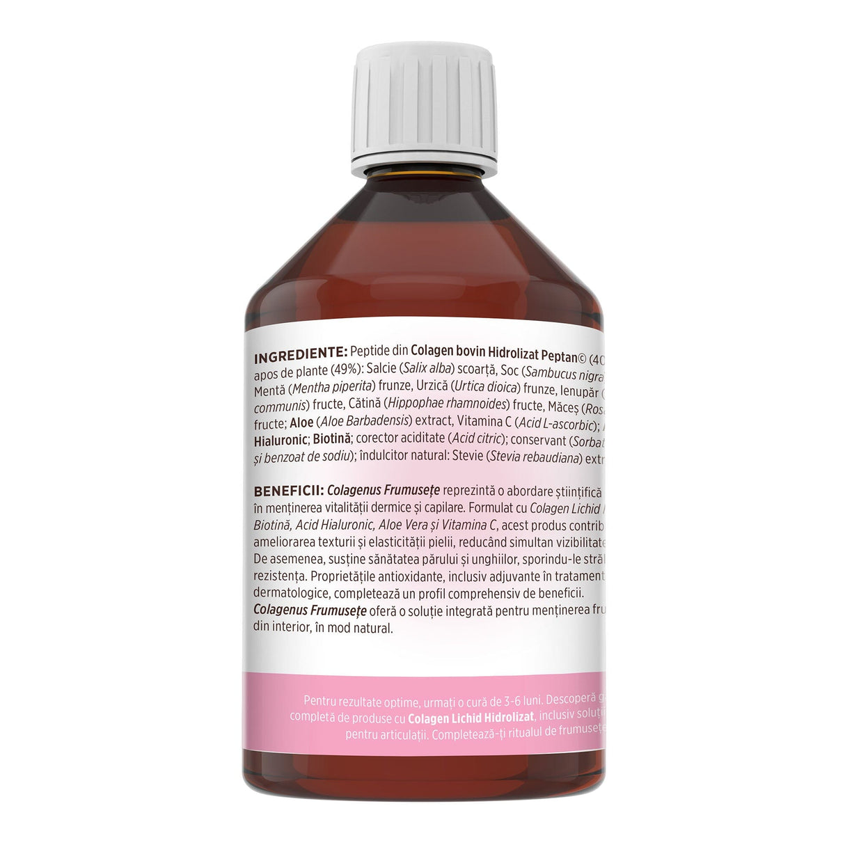 Colagenus Frumusețe. Etichetă lateral stânga având vizibile informații despre ingrediente, beneficii explicate și recomandarea unei cure de 3-6 luni.
