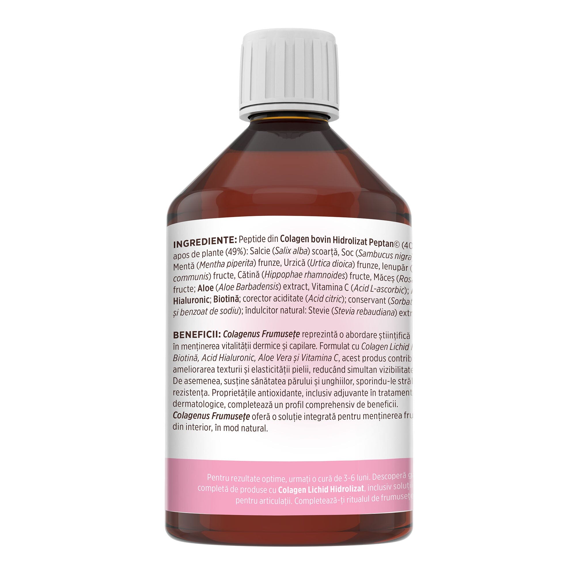 Colagenus Frumusețe. Etichetă lateral stânga având vizibile informații despre ingrediente, beneficii explicate și recomandarea unei cure de 3-6 luni.