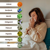 Lista principalelor ingrediente pentru Pachet Bitter de la Faunus Plant, evidențiate prin imagini cu plantele medicinale și denumirea lor. Pe fundal, o femeie răcită care stă în pat și își suflă nasul.