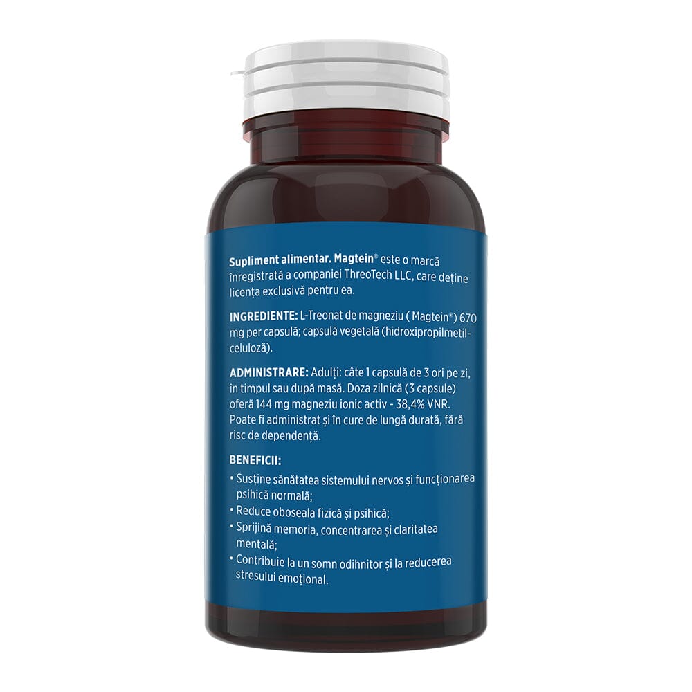 Flaconul de Magtein 30 capsule fotografiat din lateral stânga, cu detalii despre ingrediente, administrare, beneficii și contraindicații. | Cantitate - 30 capsule