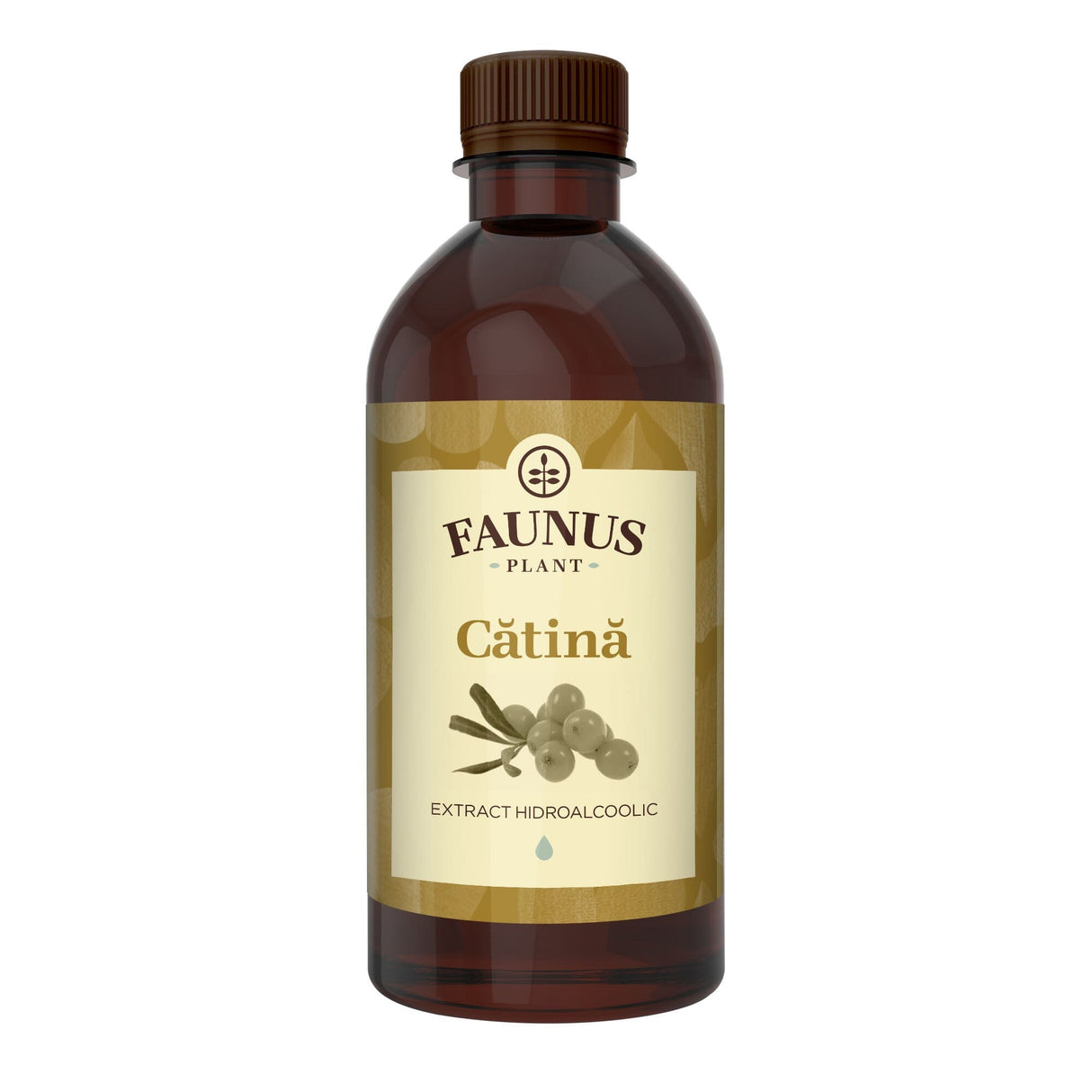 Sticlă de 500 ml cu tinctură de cătină Faunus Plant, având un design natural cu etichetă galbenă și ilustrație de fructe de cătină, destinată fortificării imunității.