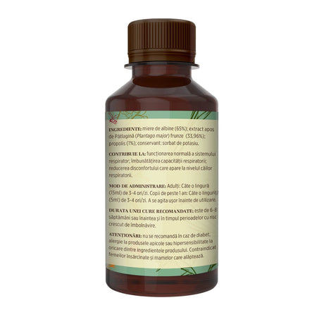 Imagine din lateral stânga al Siropului de Pătlagină cu Miere și Porpolis 200 ml, cu detalii despre ingrediente, proprietăți, mod de utilizare, dar și contraindicații