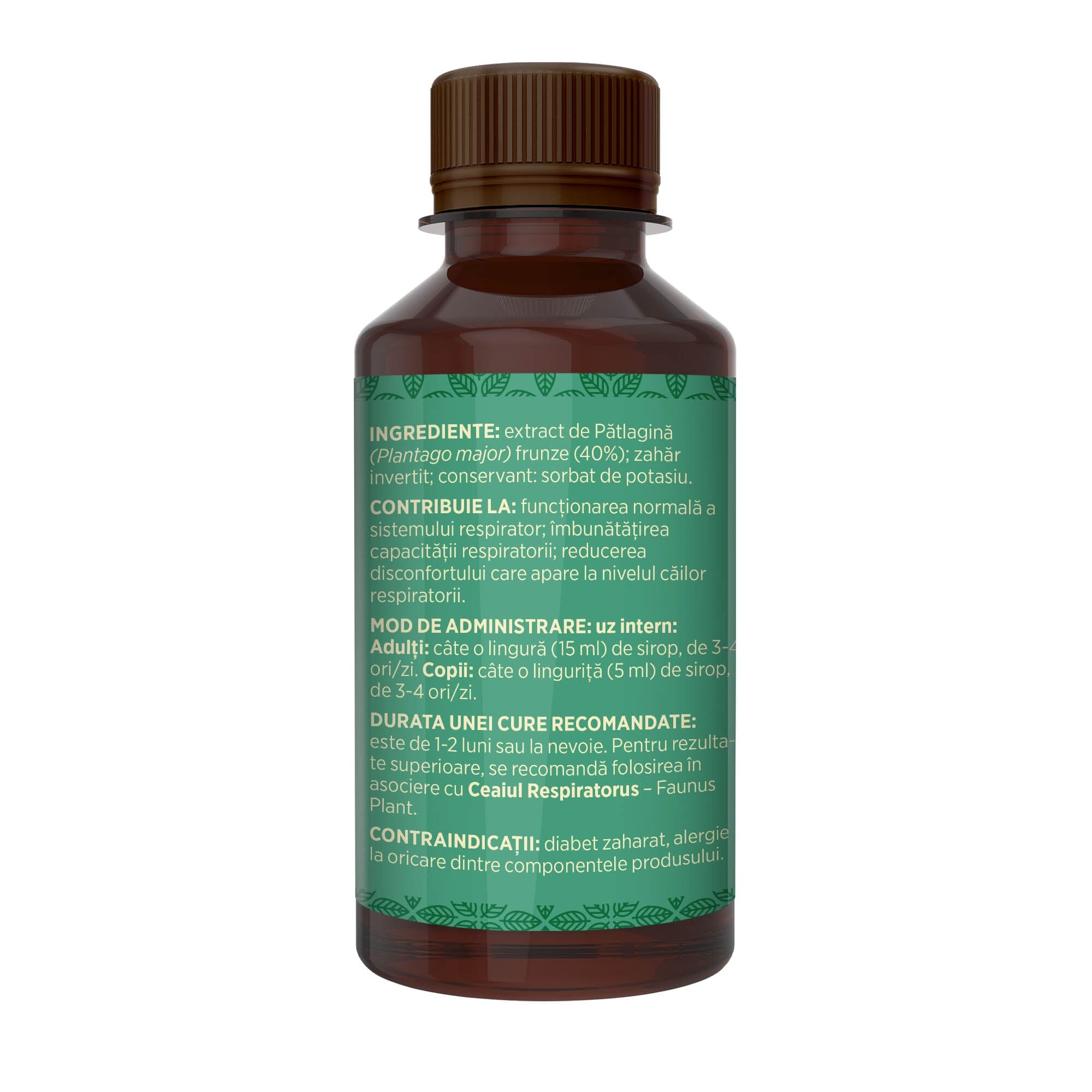 Flaconul din lateral stânga al Siropului de Pătlagină 200 ml, cu detalii despre ingrediente, proprietăți, mod de utilizare, dar și contraindicații