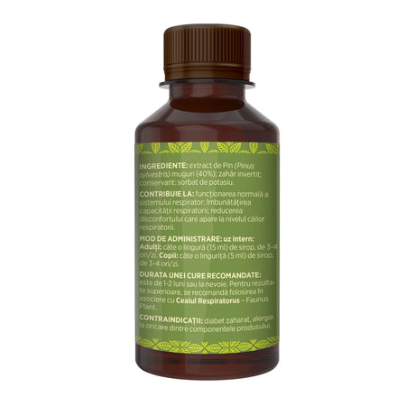Imagine din lateral stânga al Siropului de Pin 200 ml, cu detalii despre ingrediente, proprietăți, mod de utilizare, dar și contraindicații | Cantitate - 200ml