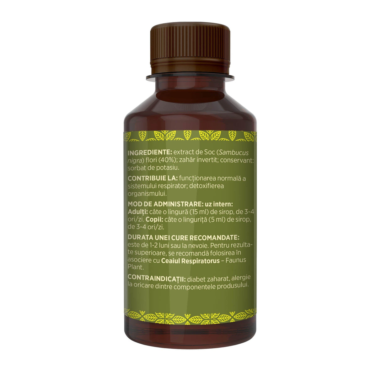 Flacon Sirop de Soc 200 ml fotografiat din dreapta, cu etichetă verde închis care subliniază atât modul de administrare alături de precauții și atenționări, cât și cod de bare, logo TUV Austria și spațiul pentru data expirării.