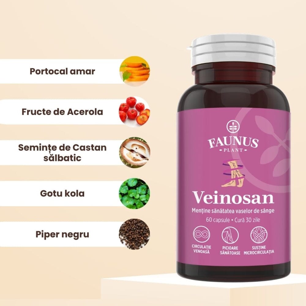 Veinosan – Capsule pentru susținerea circulației venoase și reducerea senzației de picioare grele. Flacon 60 capsule Supliment alimentar Faunus Plant 