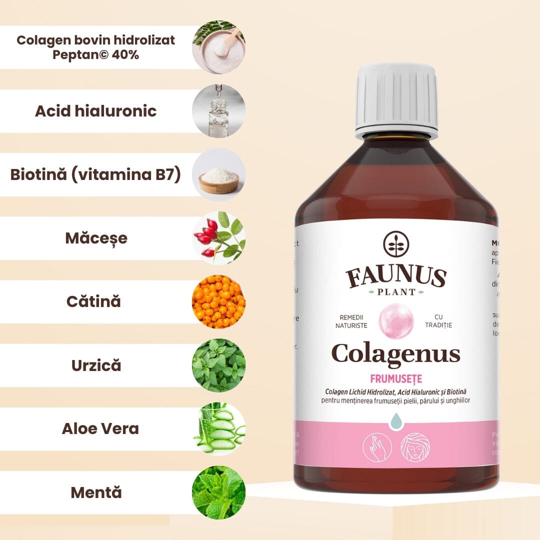 Sticlă de Colagenus Frumusețe de la Faunus Plant cu ingrediente explicate, unul sub altul, având câte o imagine reprezentativă pentru fiecare ingredient.