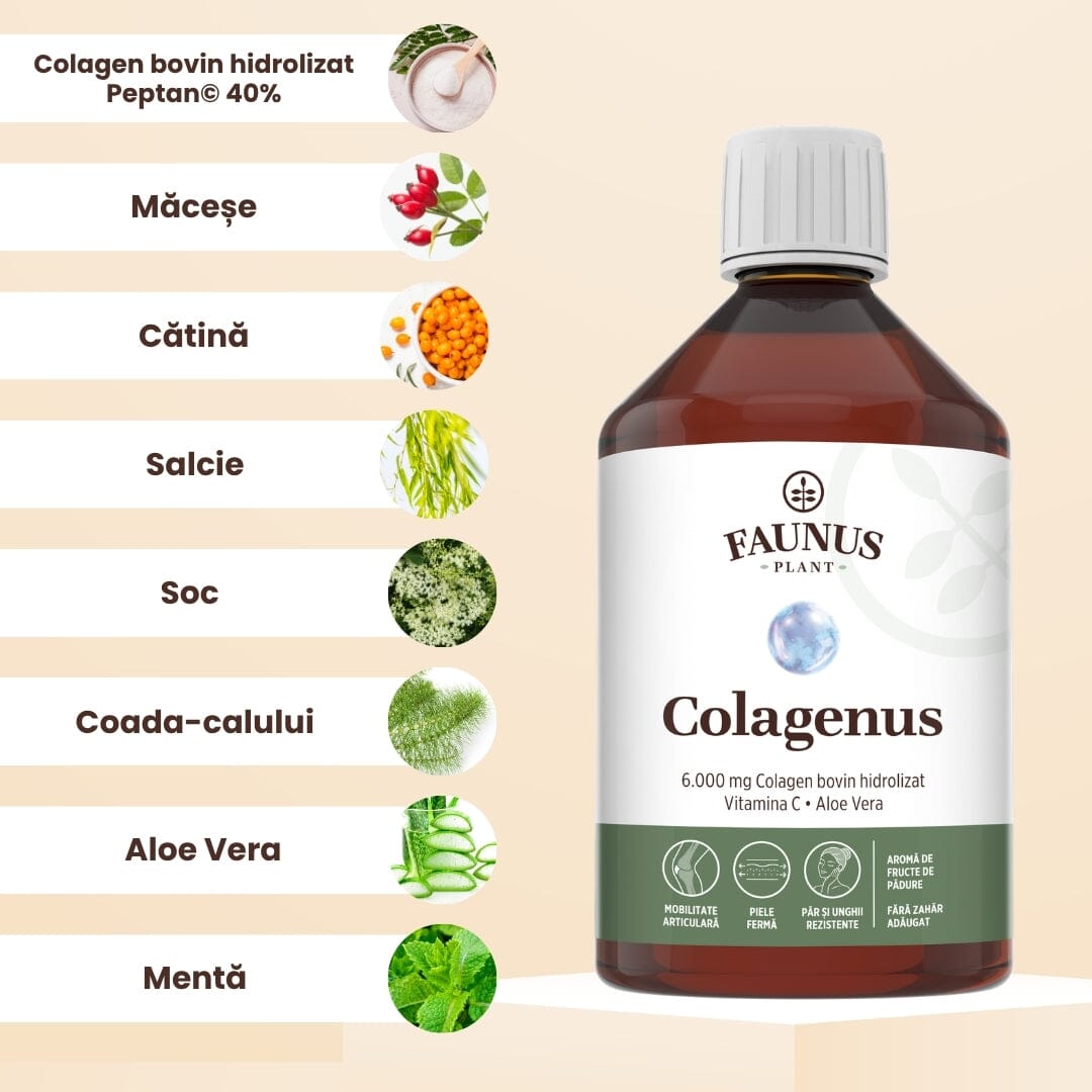 Colagenus - Colagen lichid hidrolizat. Flacon 500ml. Susține sănătatea articulațiilor, pielii, părului și unghiilor Supliment alimentar Faunus Plant 