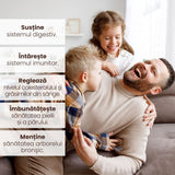 Lista beneficiilor Pachet Bitter fără alcool de la Faunus Plant: susține digestia, întărește imunitatea, reglează colesterolul și grăsimile, îmbunătățește sănătatea pielii și părului, menține sănătatea arborelui bronșic. Pe fundal este un tată fericit jucându-se cu copiii.