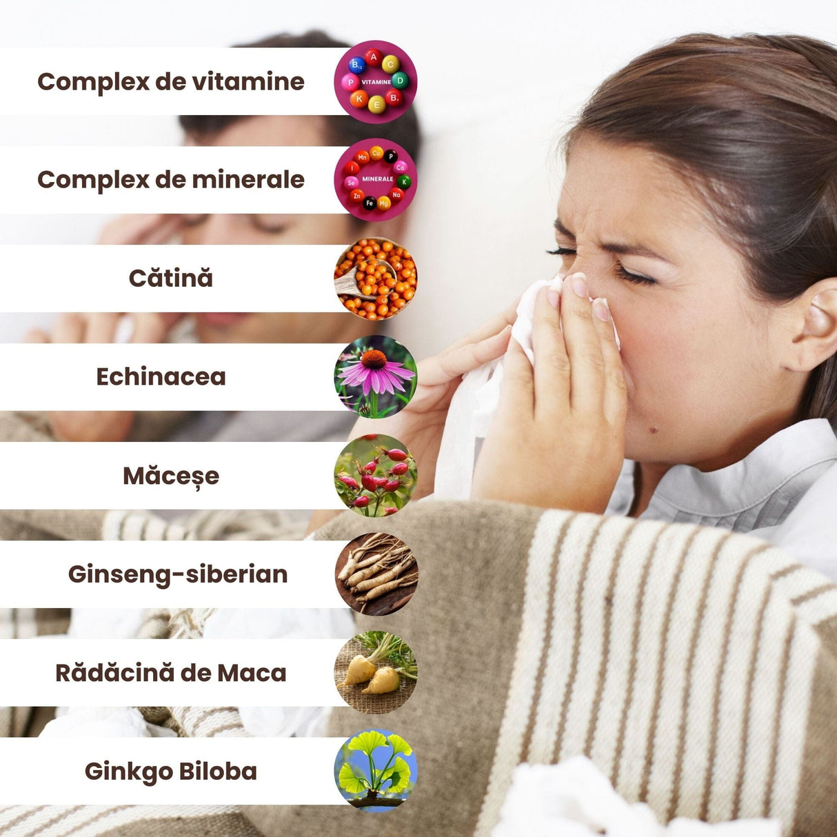 Grafică cu ingrediente naturale din Pachetul Imunitate Adulți de la Faunus Plant, incluzând complexe de vitamine și minerale, cătină, echinacea, măceșe, ginseng-siberian, rădăcină de Maca și Ginkgo Biloba.