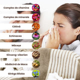 Grafică cu ingrediente naturale din Pachetul Imunitate Adulți de la Faunus Plant, incluzând complexe de vitamine și minerale, cătină, echinacea, măceșe, ginseng-siberian, rădăcină de Maca și Ginkgo Biloba.