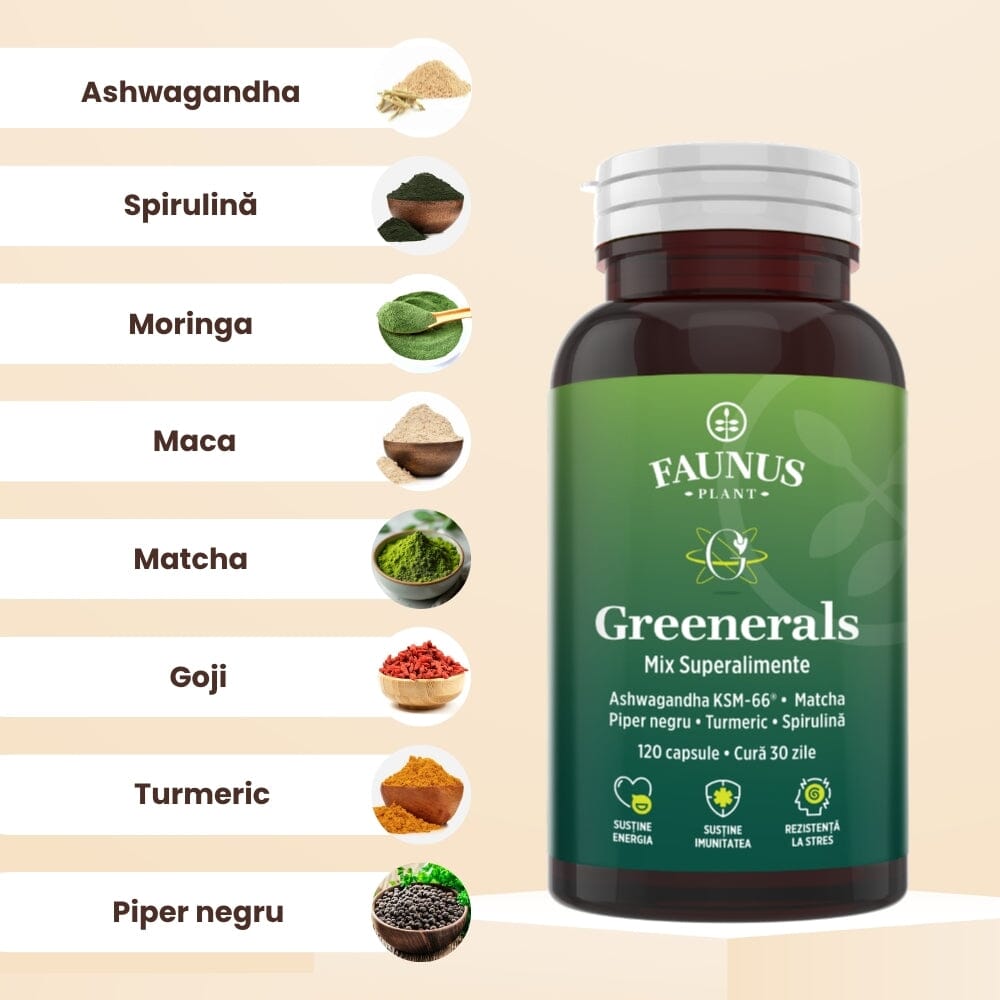 Greenerals Capsule – Antioxidanți și nutrienți din plante verzi pentru energie, vitalitate, liniște mentală și echilibru. Flacon 120 capsule Superalimente Faunus Plant 
