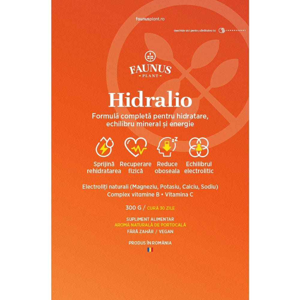 Etichetă desfășurată față pentru Hidralio de la Faunus Plant, cu logo vizibil, nume produs, beneficii-cheie, ingrediente principale, cură și faptul că e produs în România.