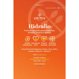 Etichetă desfășurată față pentru Hidralio de la Faunus Plant, cu logo vizibil, nume produs, beneficii-cheie, ingrediente principale, cură și faptul că e produs în România.