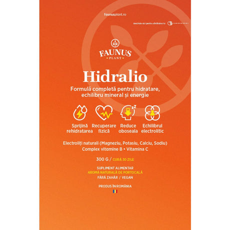 Etichetă desfășurată față pentru Hidralio de la Faunus Plant, cu logo vizibil, nume produs, beneficii-cheie, ingrediente principale, cură și faptul că e produs în România.