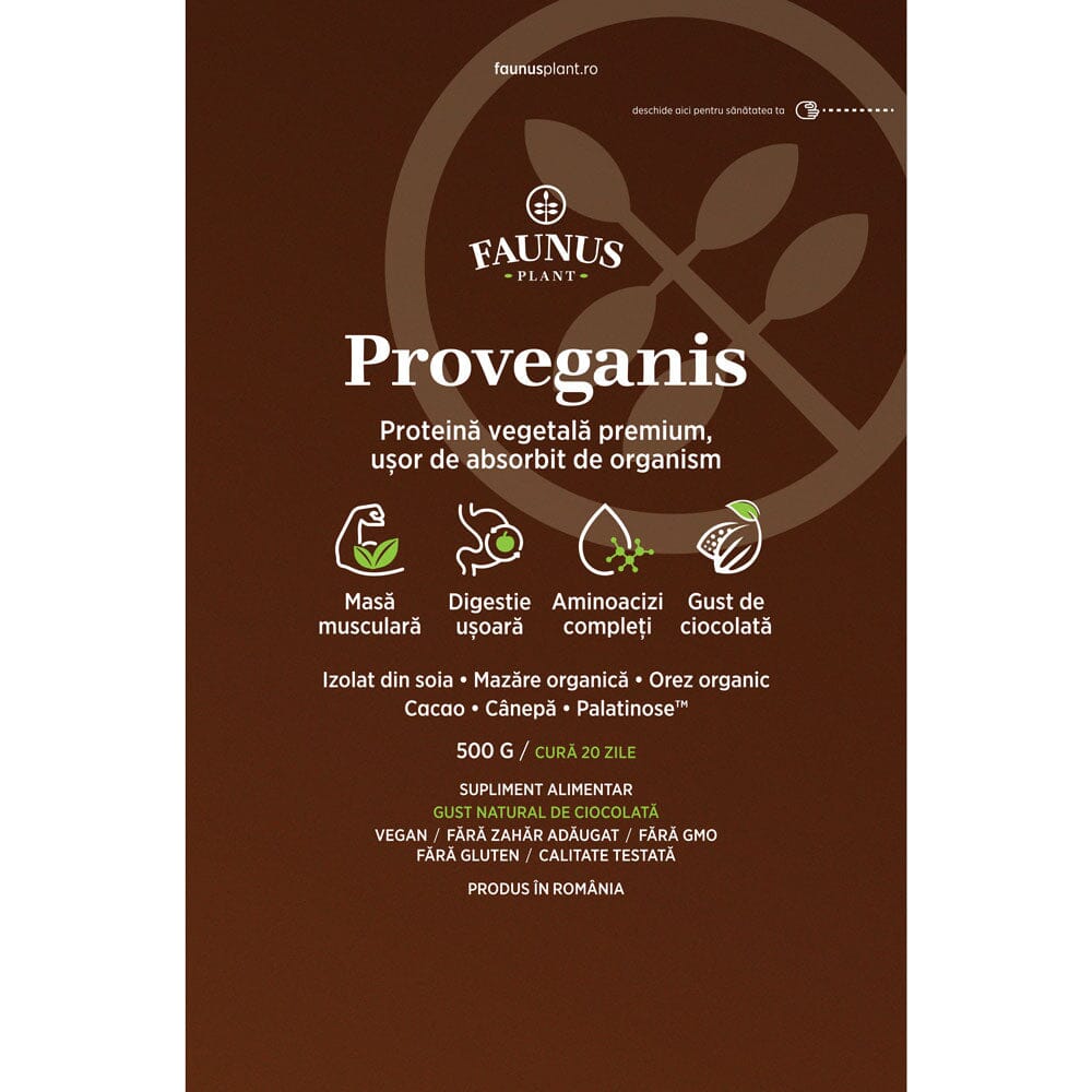 Etichetă desfășurată față pentru Proveganis de la Faunus Plant, cu logo vizibil, nume produs, beneficii-cheie, ingrediente principale, cură și faptul că e produs în România.