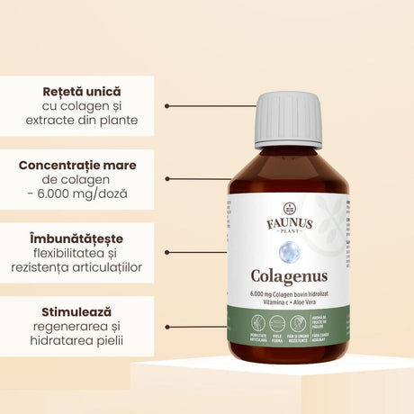 Beneficii principale pentru Colagenus 250ml scrise în chenare albe, unul sub altul, având alături sticla de Colagenus 250ml