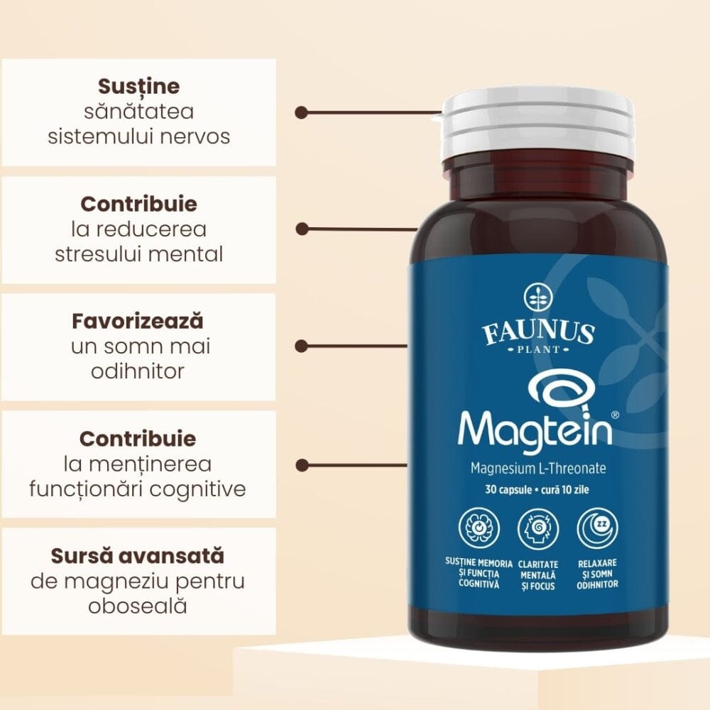 Flacon 30 capsule Magtein de la Faunus Plant fotografiat din față, având alături beneficiile ilustrate grafic: susține sănătatea sistemului nervos, reduce stresul mental, somn odihnitor, menține funcția cognitivă, sursă avansată de magneziu pentru oboseală. | Cantitate - 30 capsule
